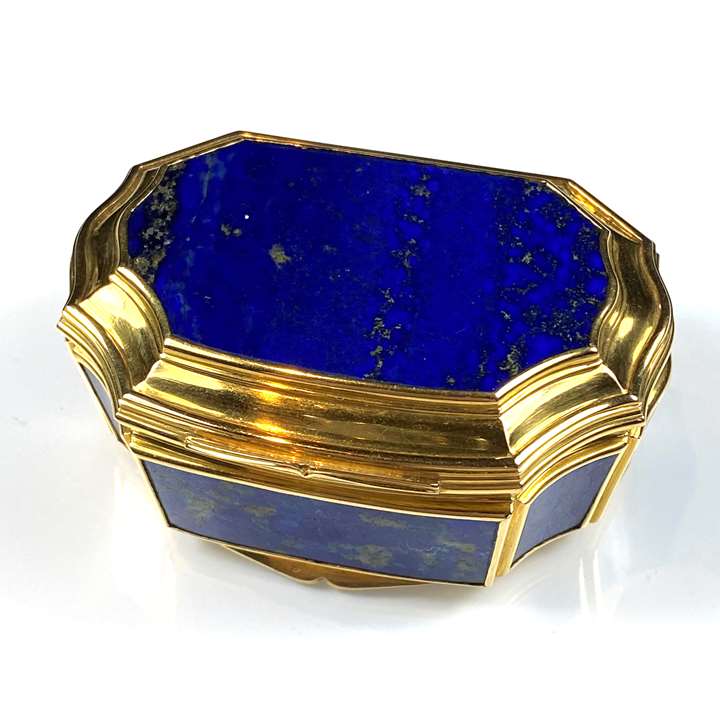Gold mounted cartouche shaped lapis lazuli box